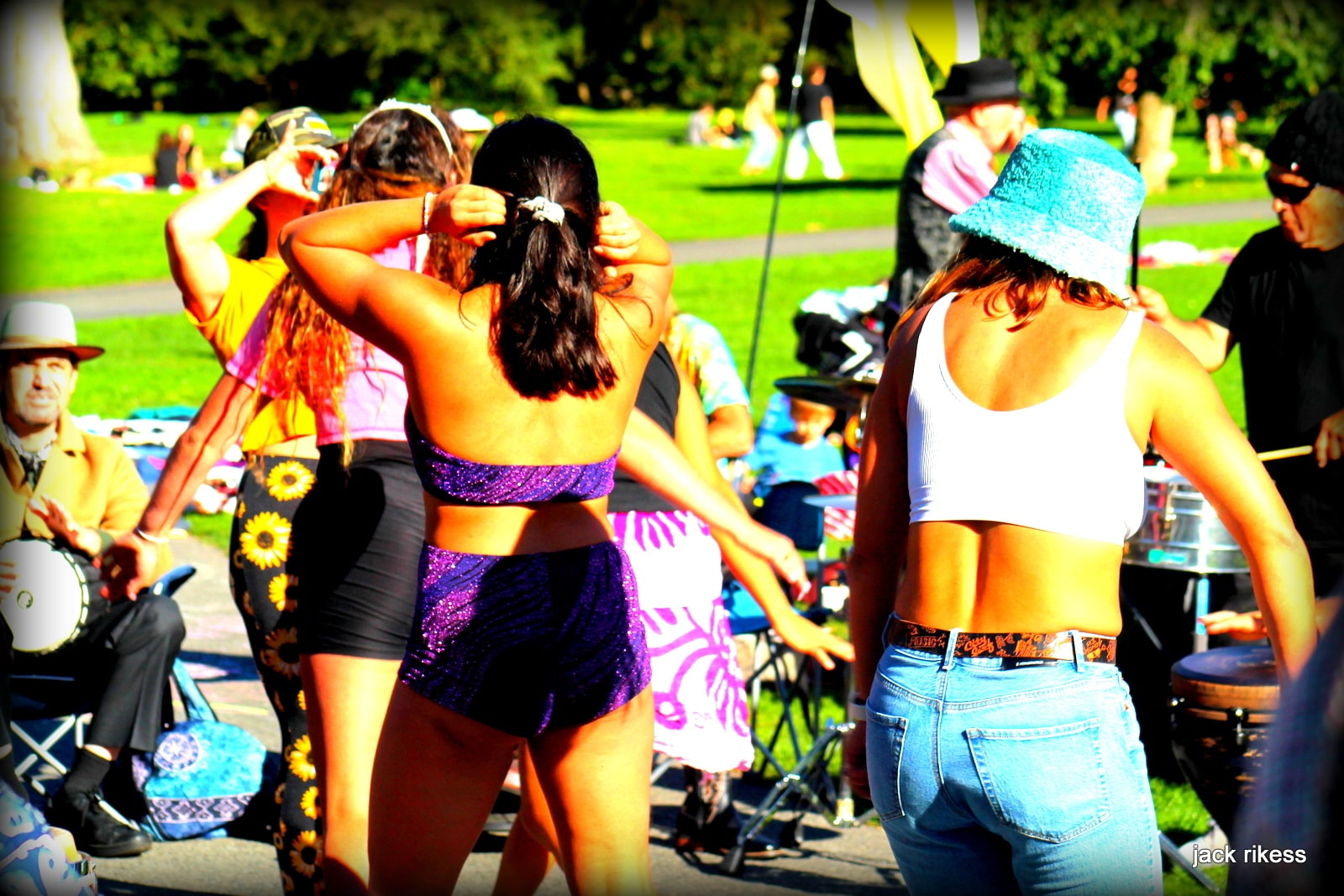 Drum Circle — blue barrel drum player with mallet