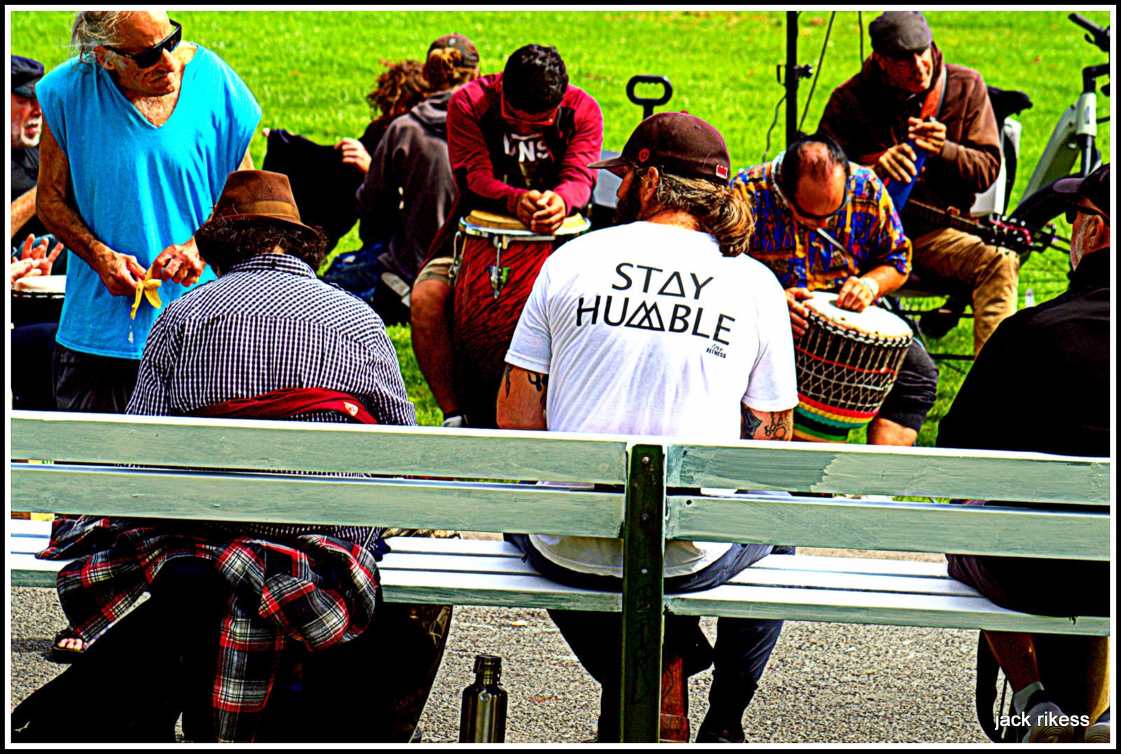 Drum Circle — Stay Humble shirt, view from bench