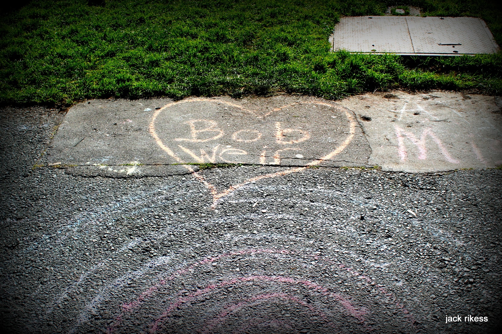 My Neighborhood — chalk heart on sidewalk reading Bob Weir