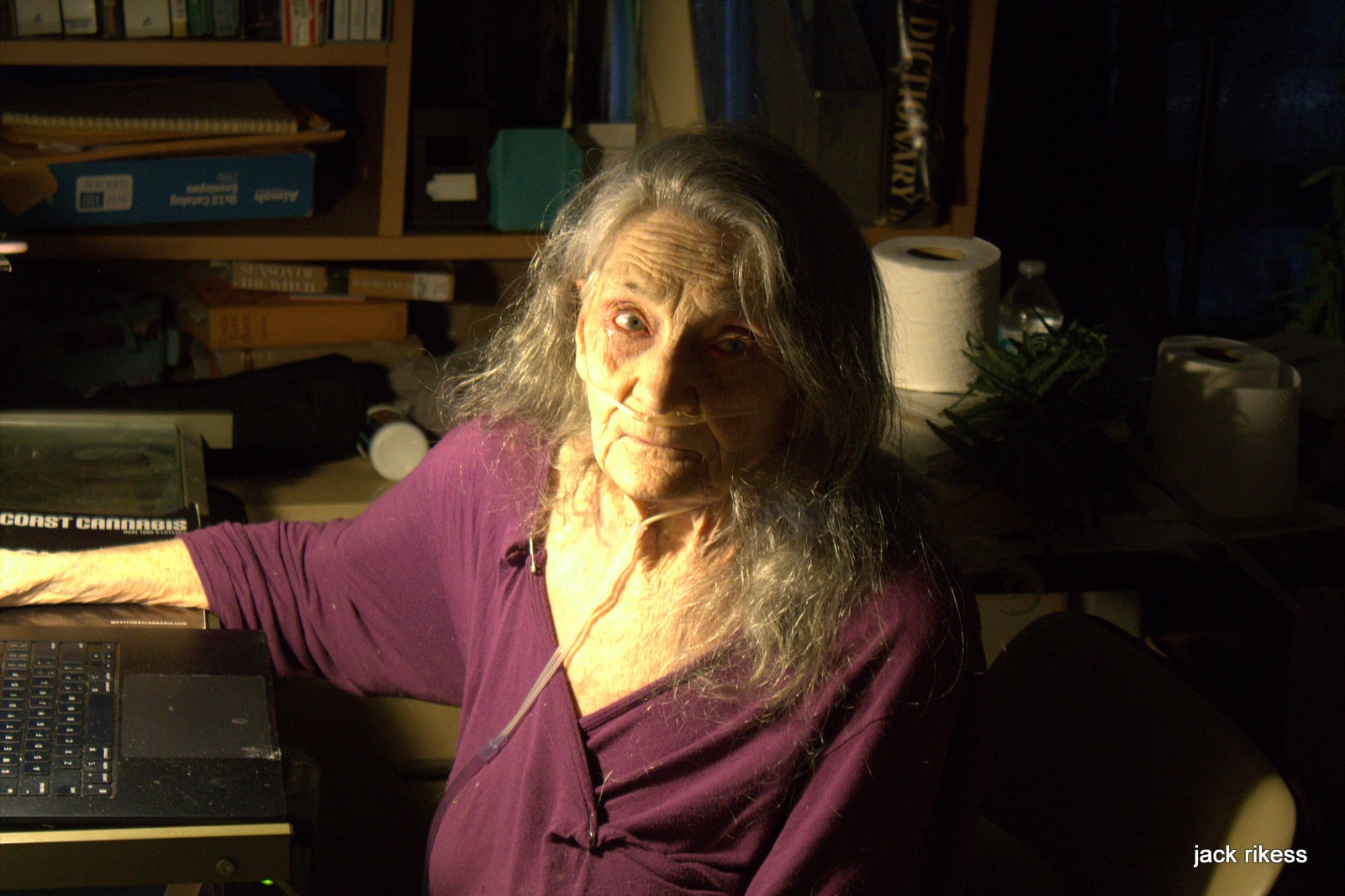 Pebbles — portrait at desk in purple top